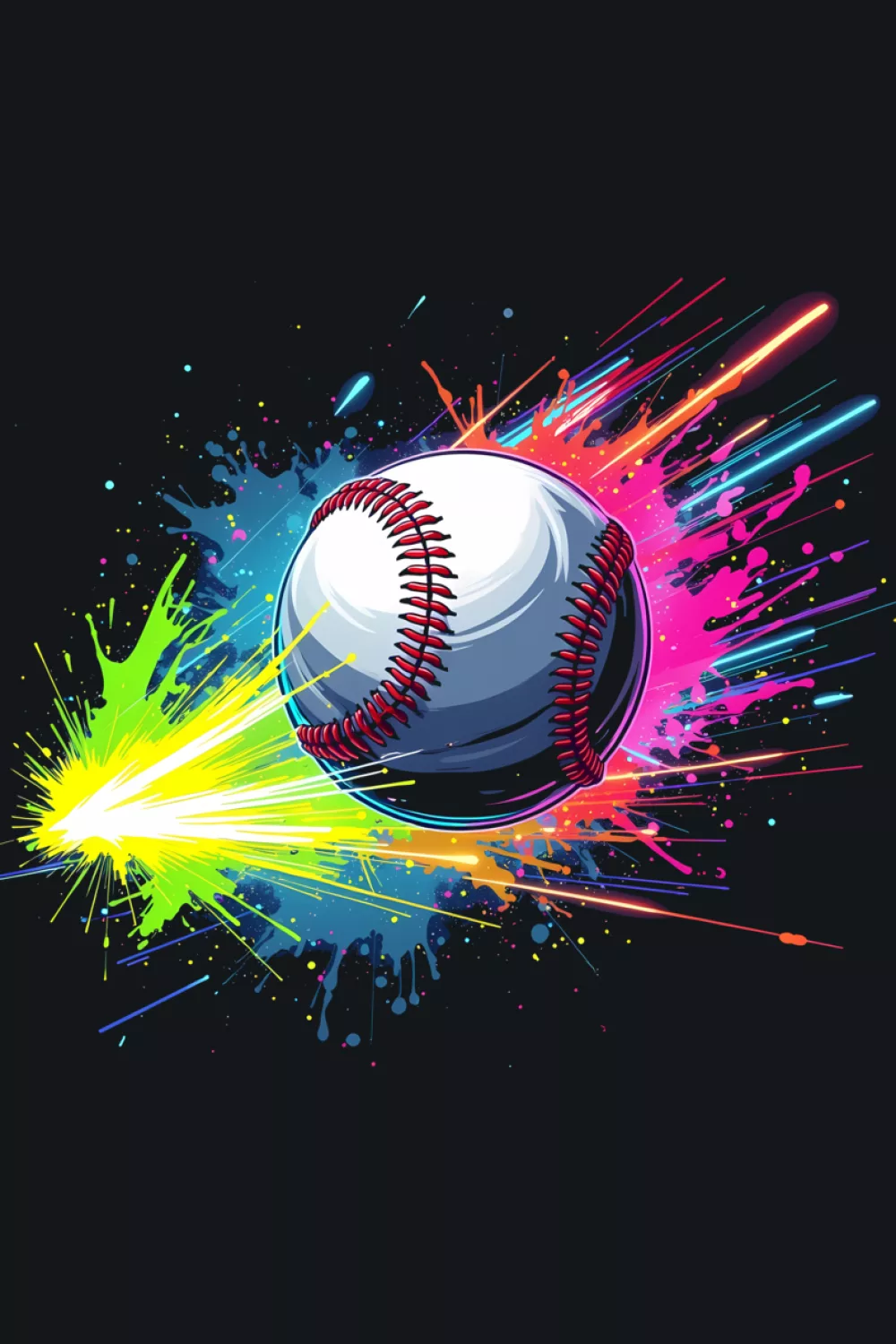 Colorful tie dye fan color art baseball theme with splatter paint edges and bold contrast.
