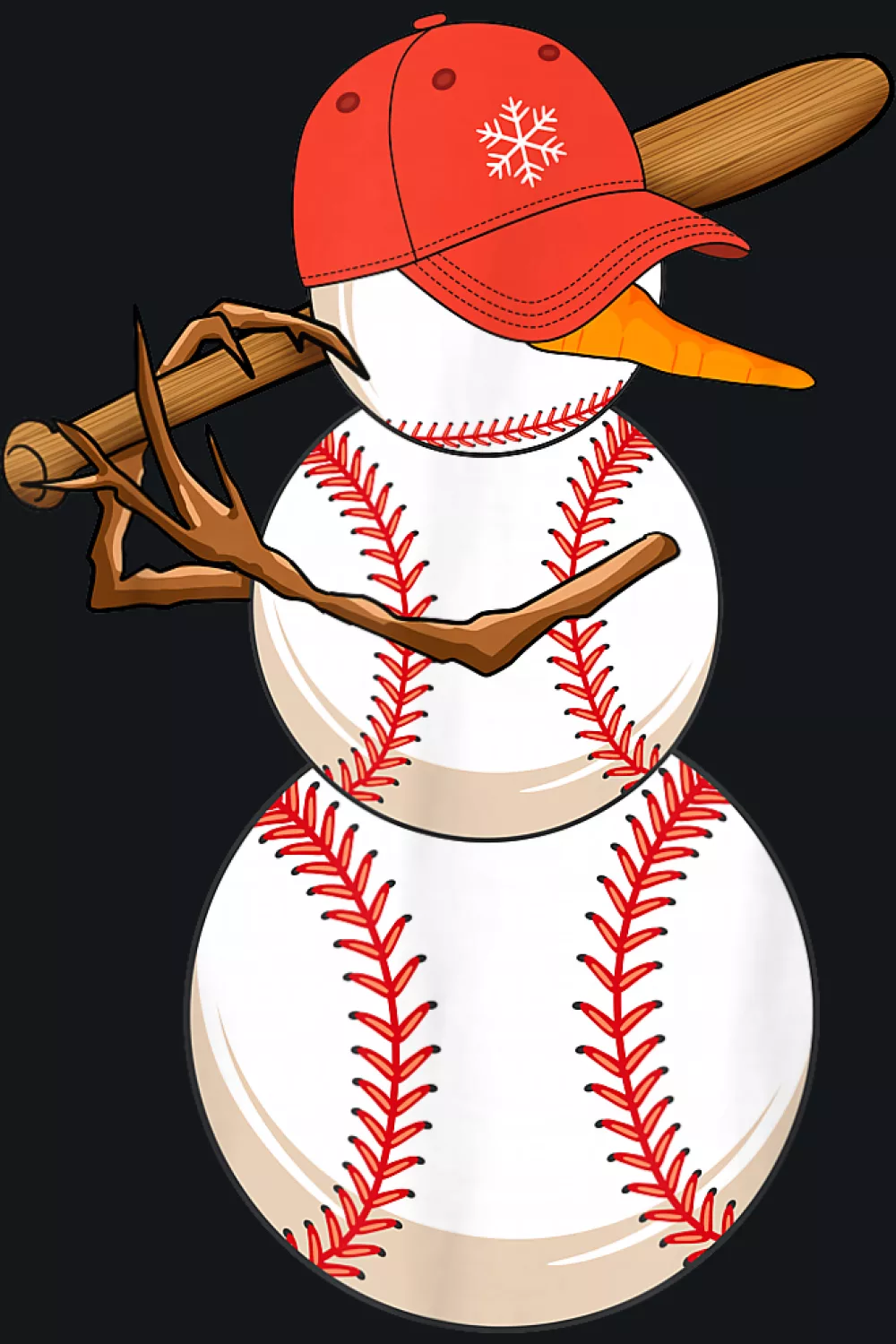 Snowman made from baseballs with scarf and bat