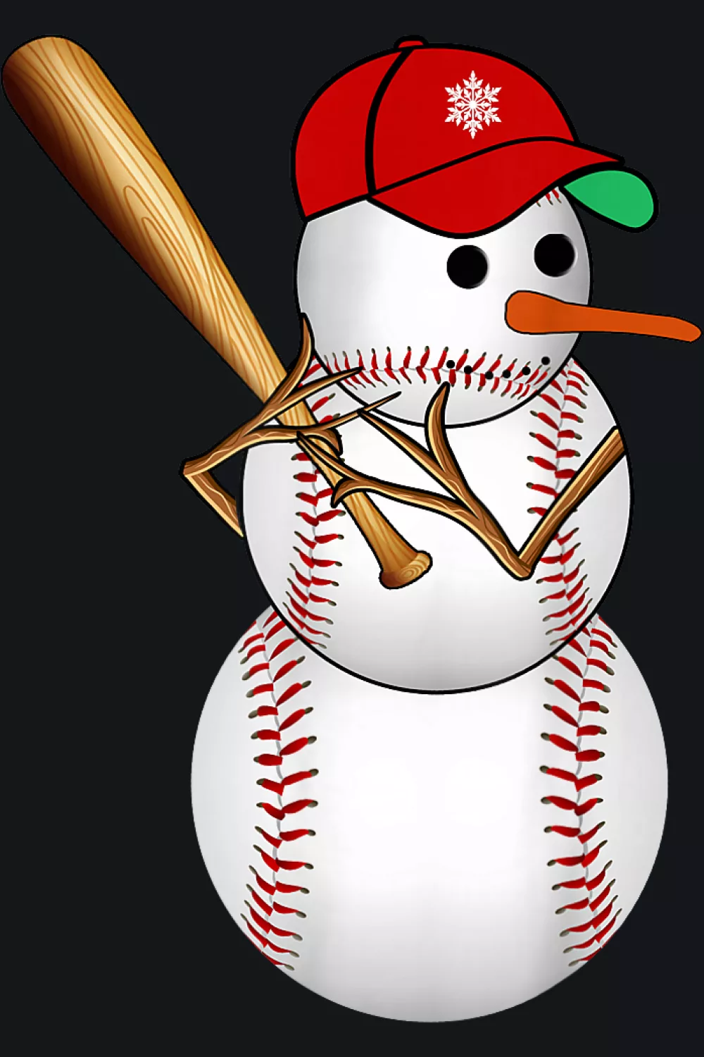 Snowman made of baseballs with mitt and scarf