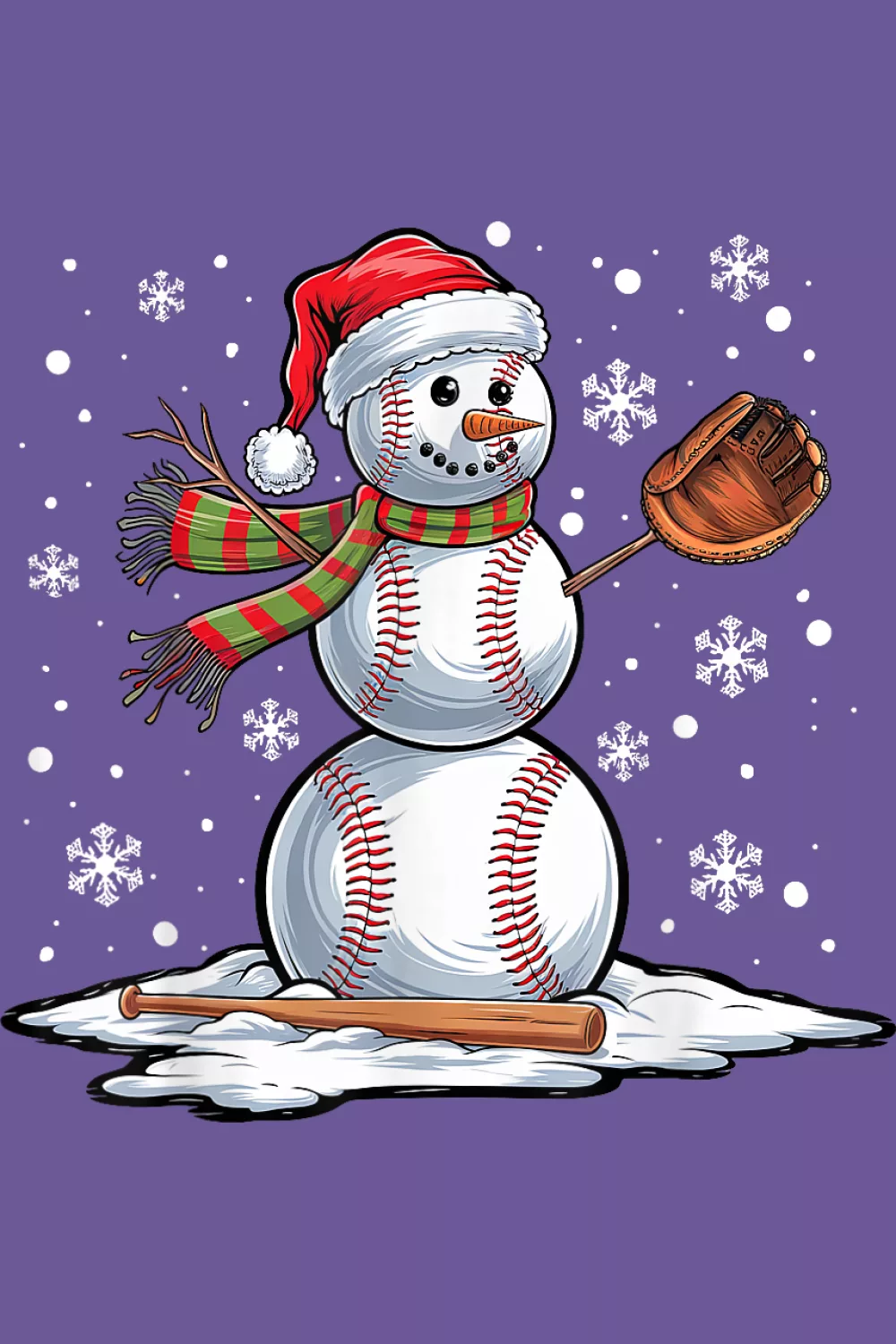 Snowman in Santa hat holding bat