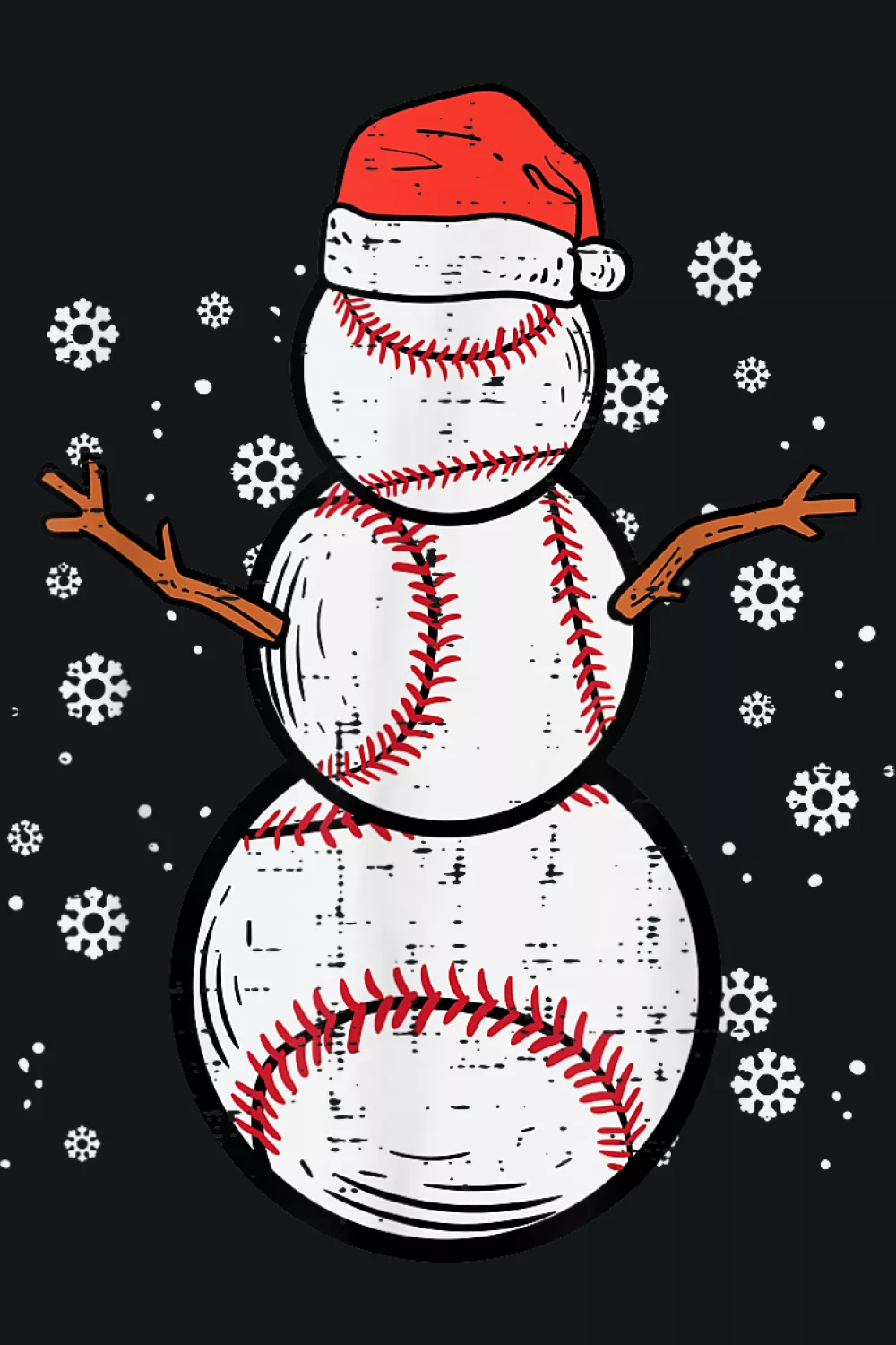 Stacked baseball snowman with snowflakes
