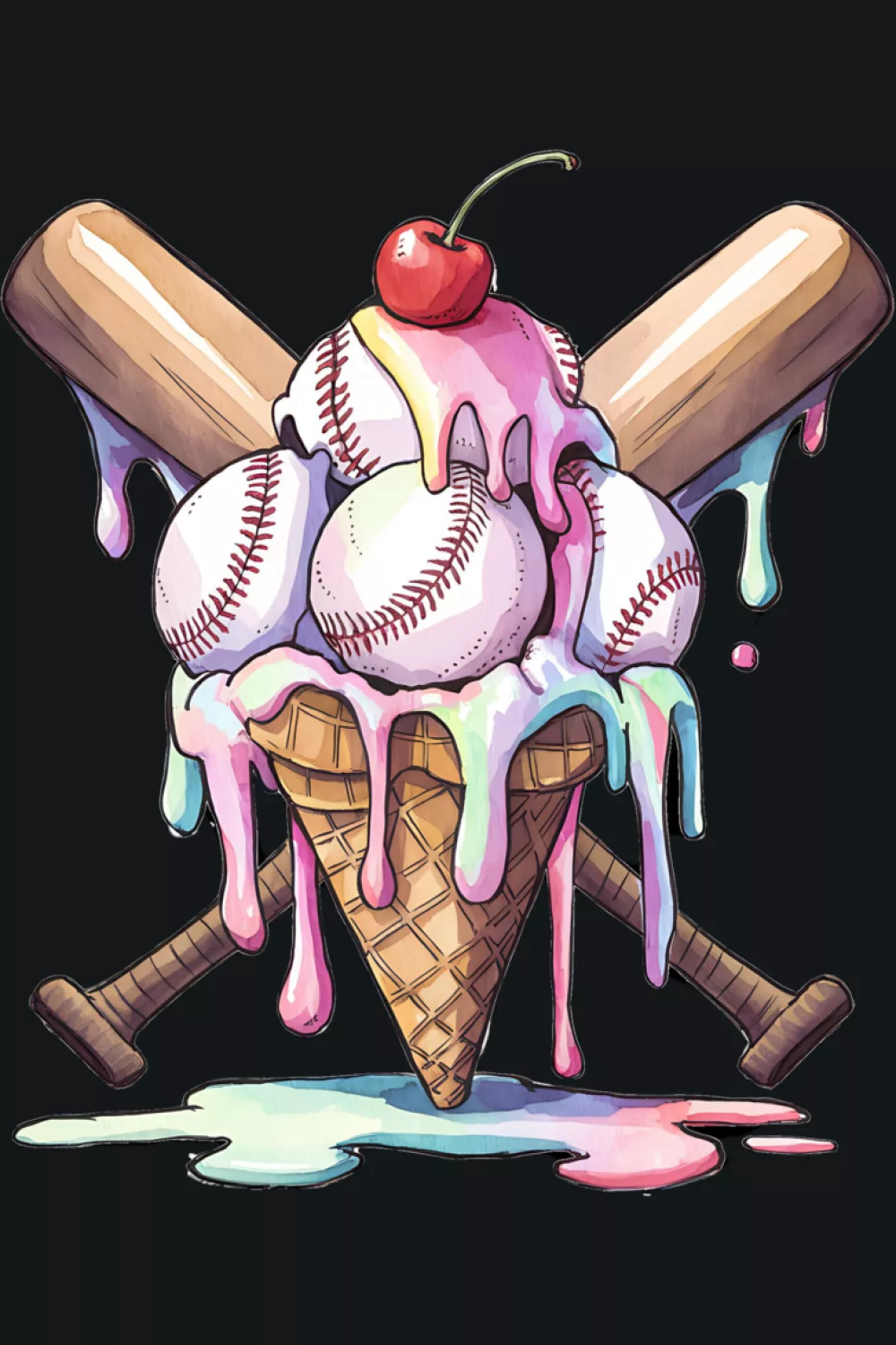 watercolor ice cream cone with baseball scoops and soft splashes for sports lovers