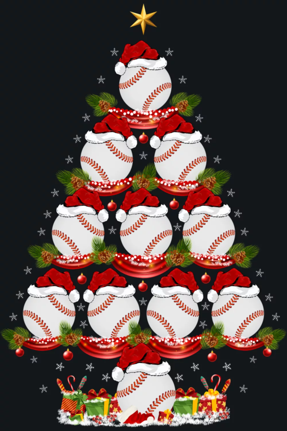 Merry Catchmas Baseball Shirts stacked like a glowing tree made of balls lights and wrapped presents.