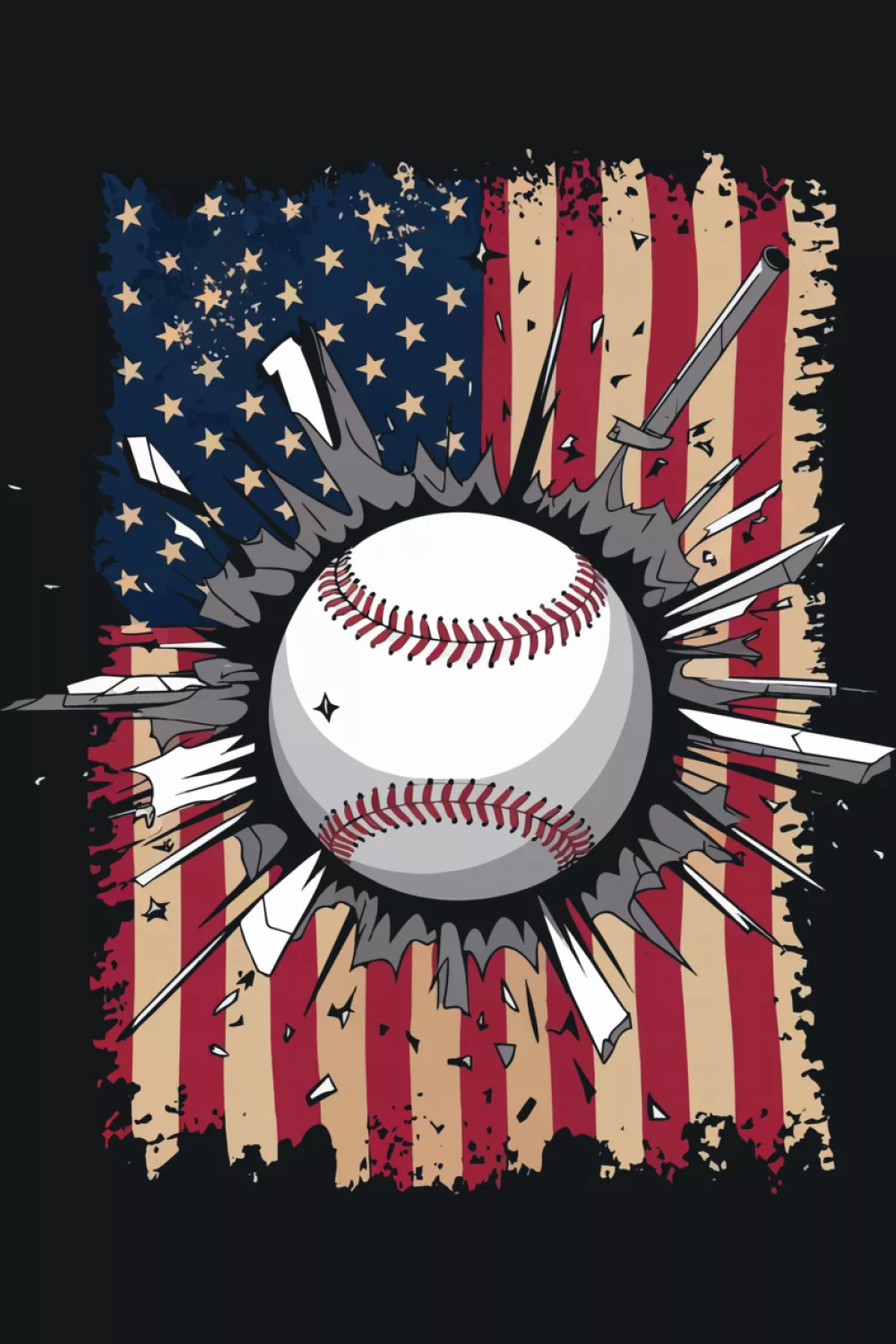 Patriotic baseball bursting out from a striped flag column