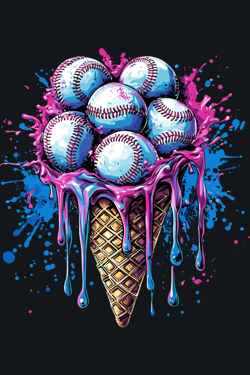 art style watercolor baseball ice cream cone with bright drips and paint splashes