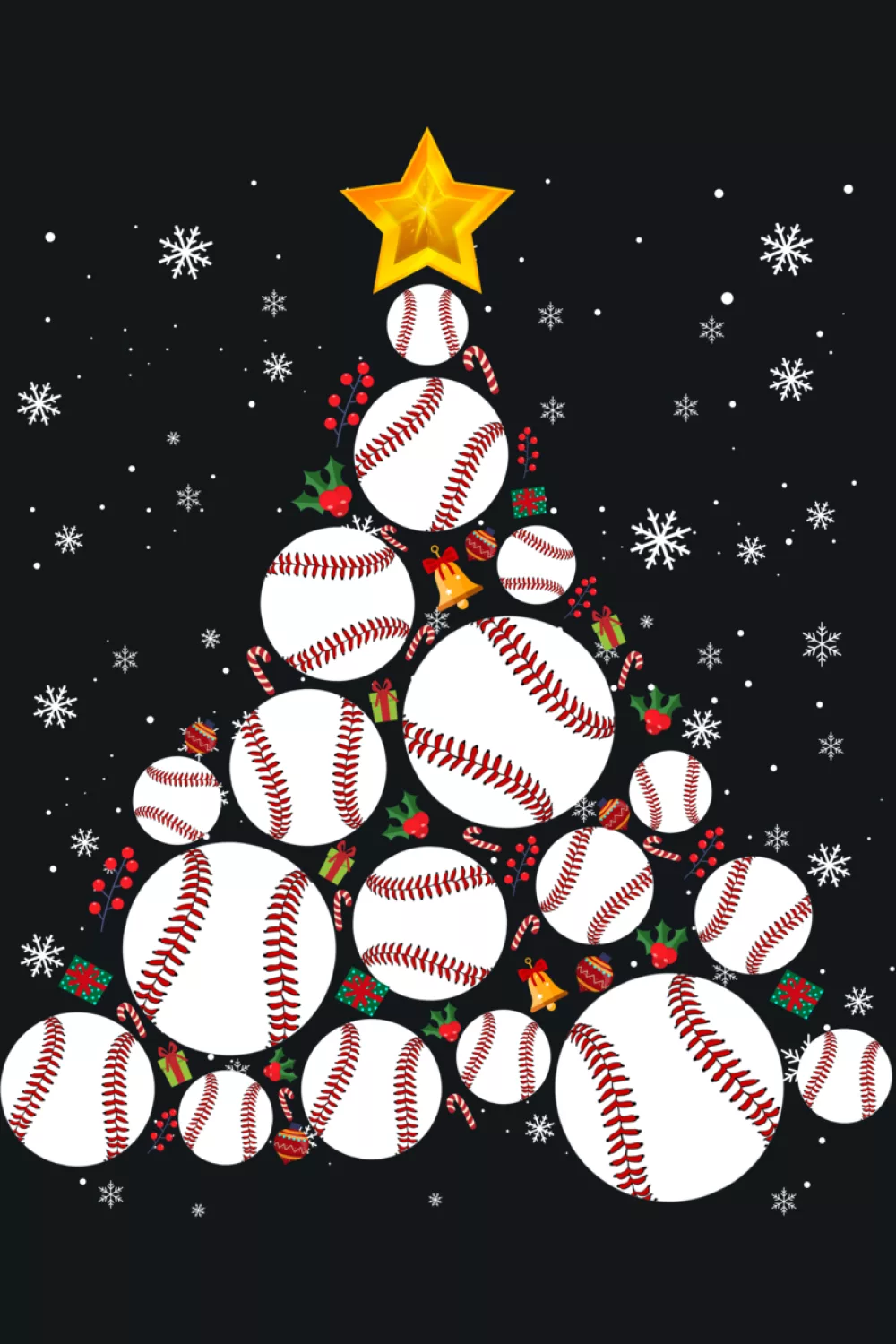 Tall baseball tree with Santa hat at the top and soft lights running from base to star.