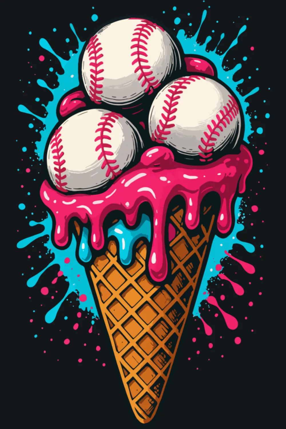 baseballs and ice cream cone sports theme with playful drips for summer game days