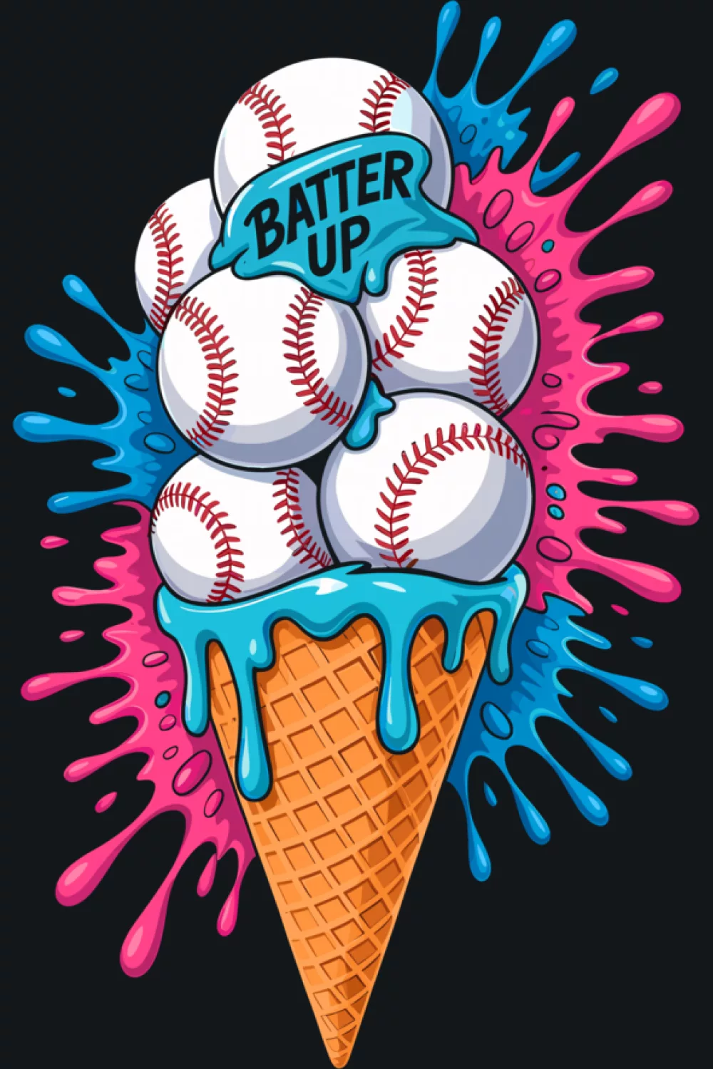 cartoon style baseball ice cream cone with batter up vibe and playful splashes