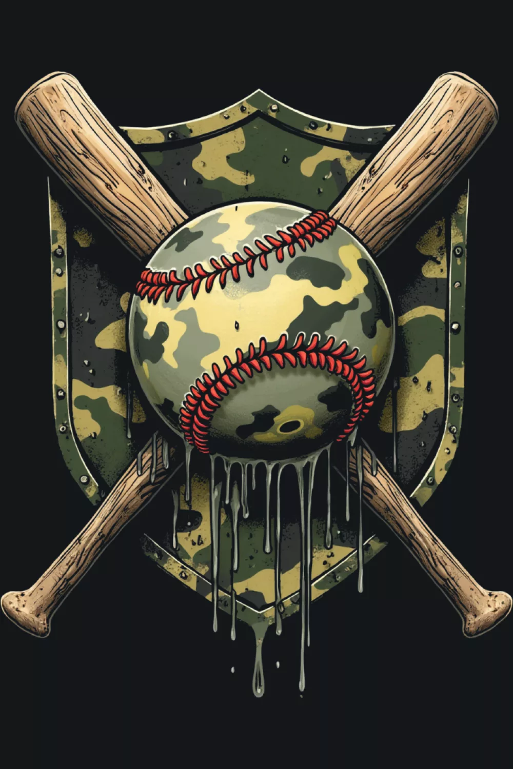 Minimal camo baseball icon with simple ball and stitch work