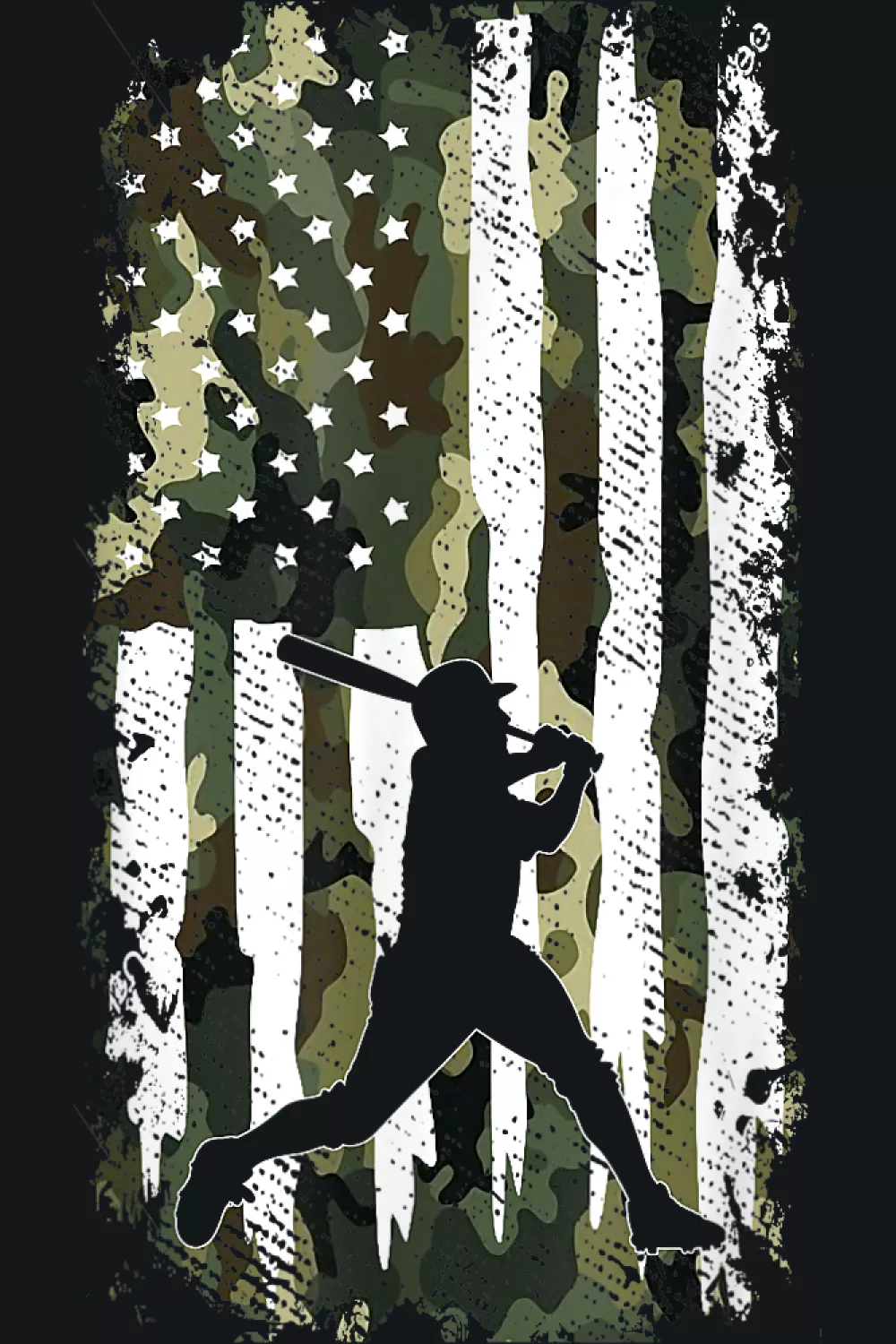 Vintage camo flag with baseball player and spotlight