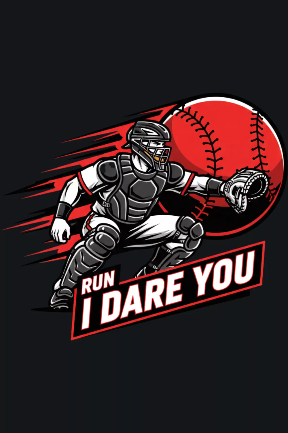 Grinning cat in catcher gear with playful dare line