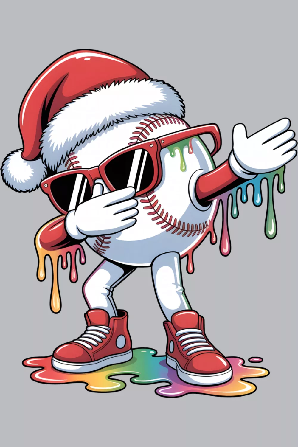 Christmas baseball ice cream character with Santa hat and colorful drip background