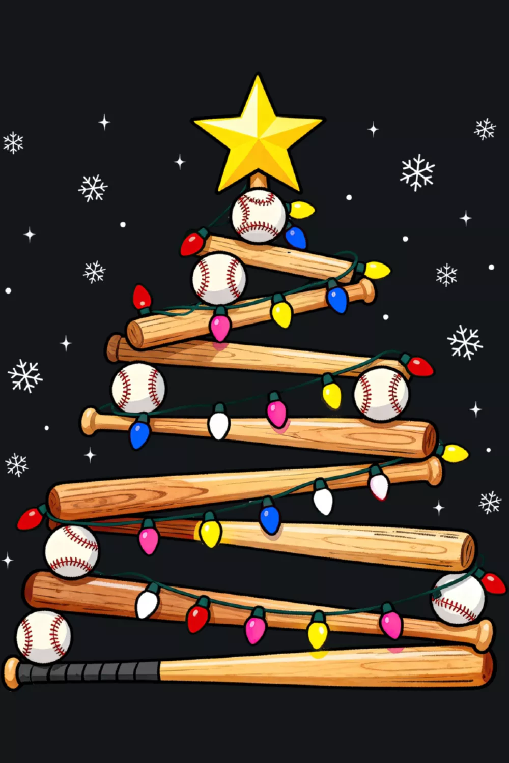 Baseball themed tree surrounded by young players and sparkling details.