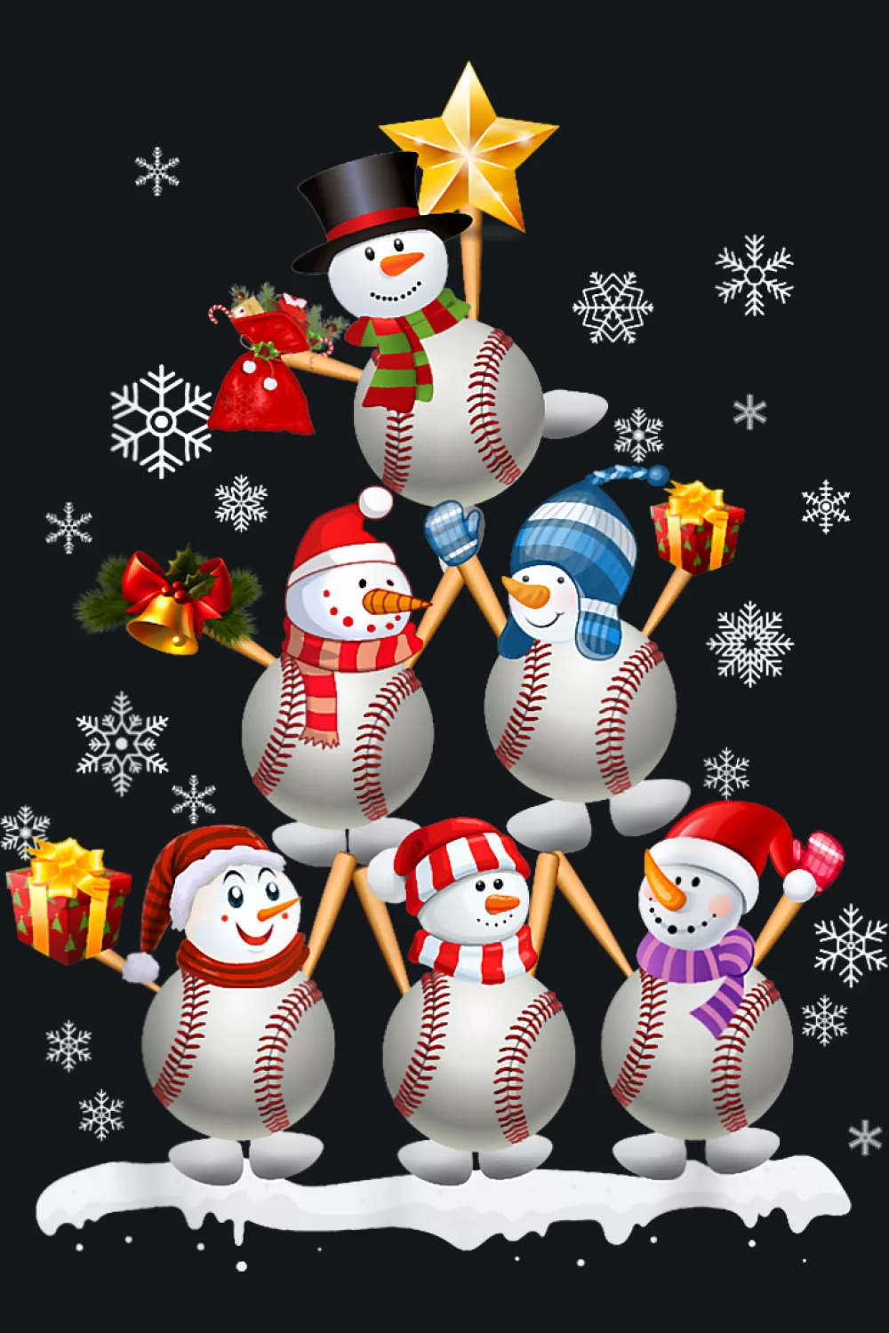 Classic snowman beside ornamented baseball tree