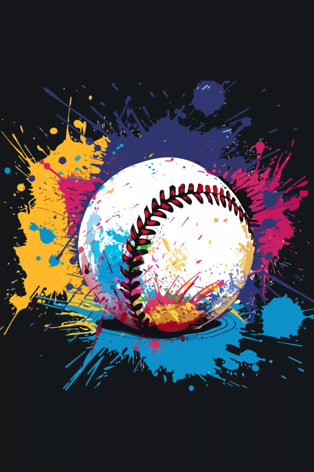 Colorful ball splash art baseball lover graphic with bright paint bursts and classic baseball seams.