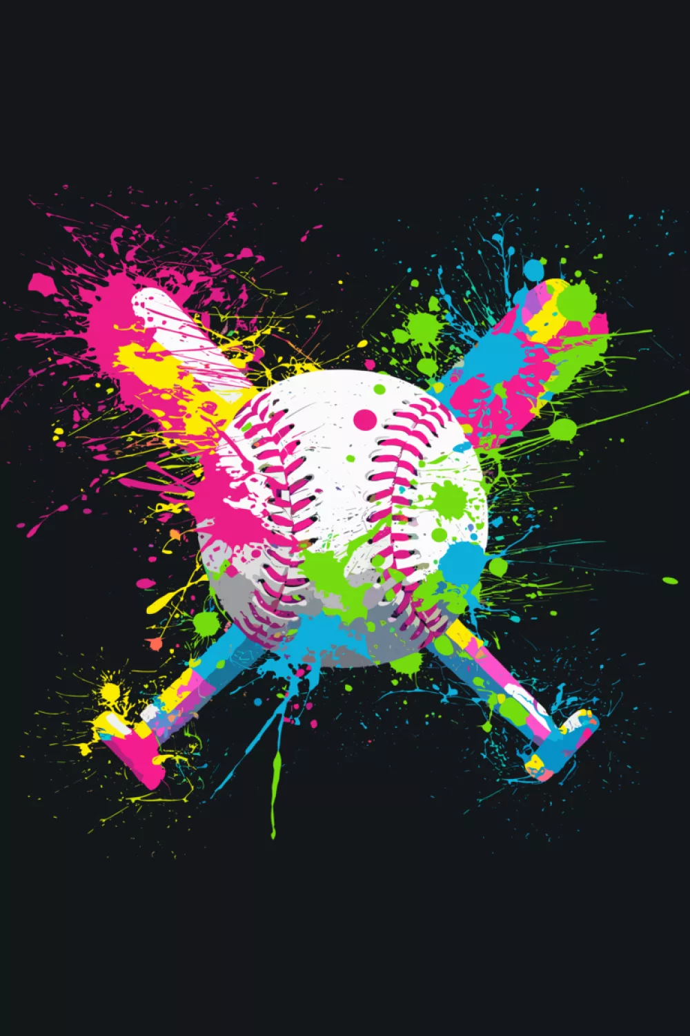 Colorful watercolor splash baseball ball with bat theme, energetic sports splash composition.
