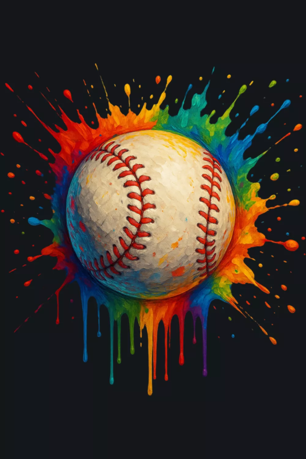Retro tie dye splash baseball design with bright colors and a slightly vintage feel.