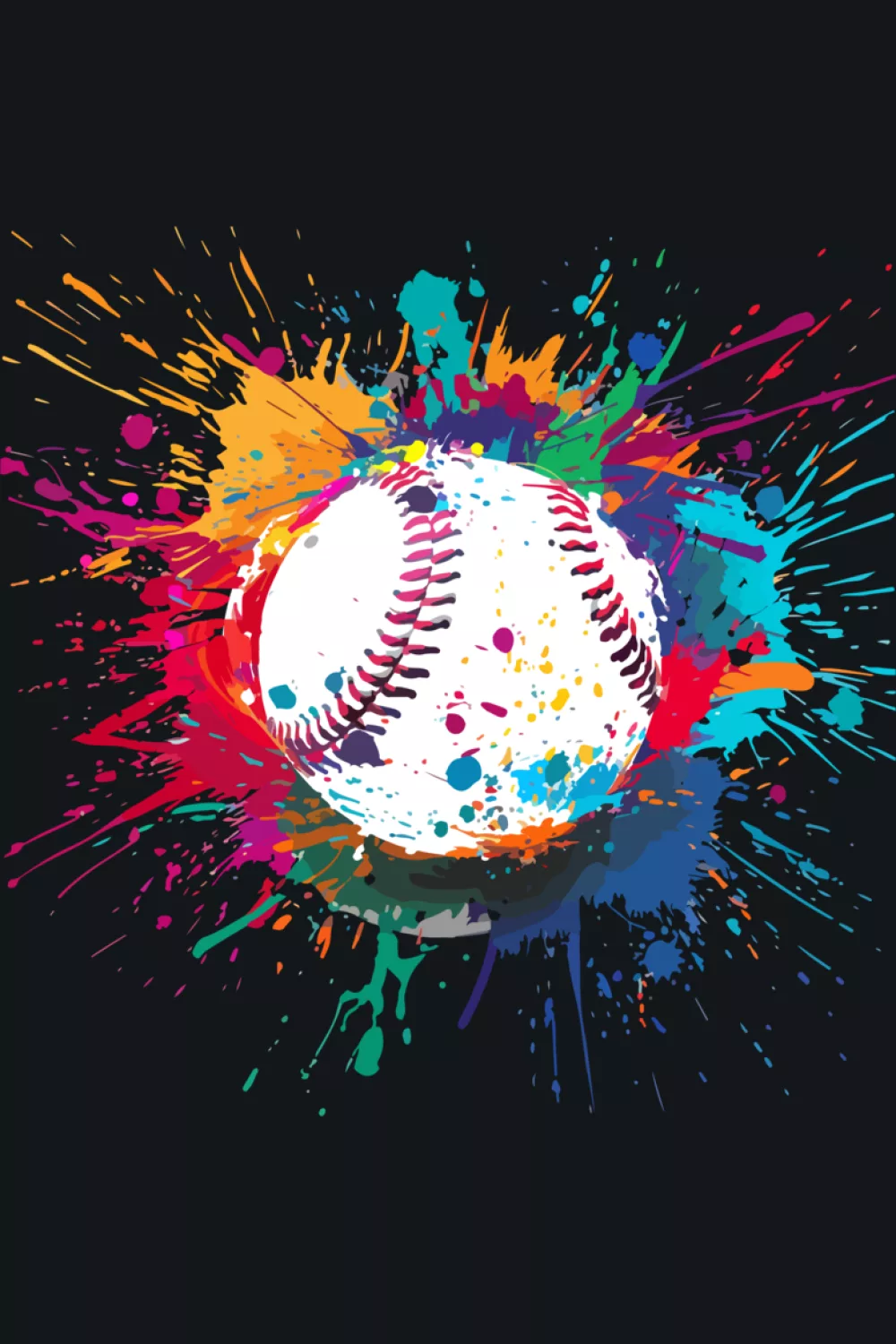 Colorful baseball lover ball splash art with bright paint drips and bold contrast on dark background.