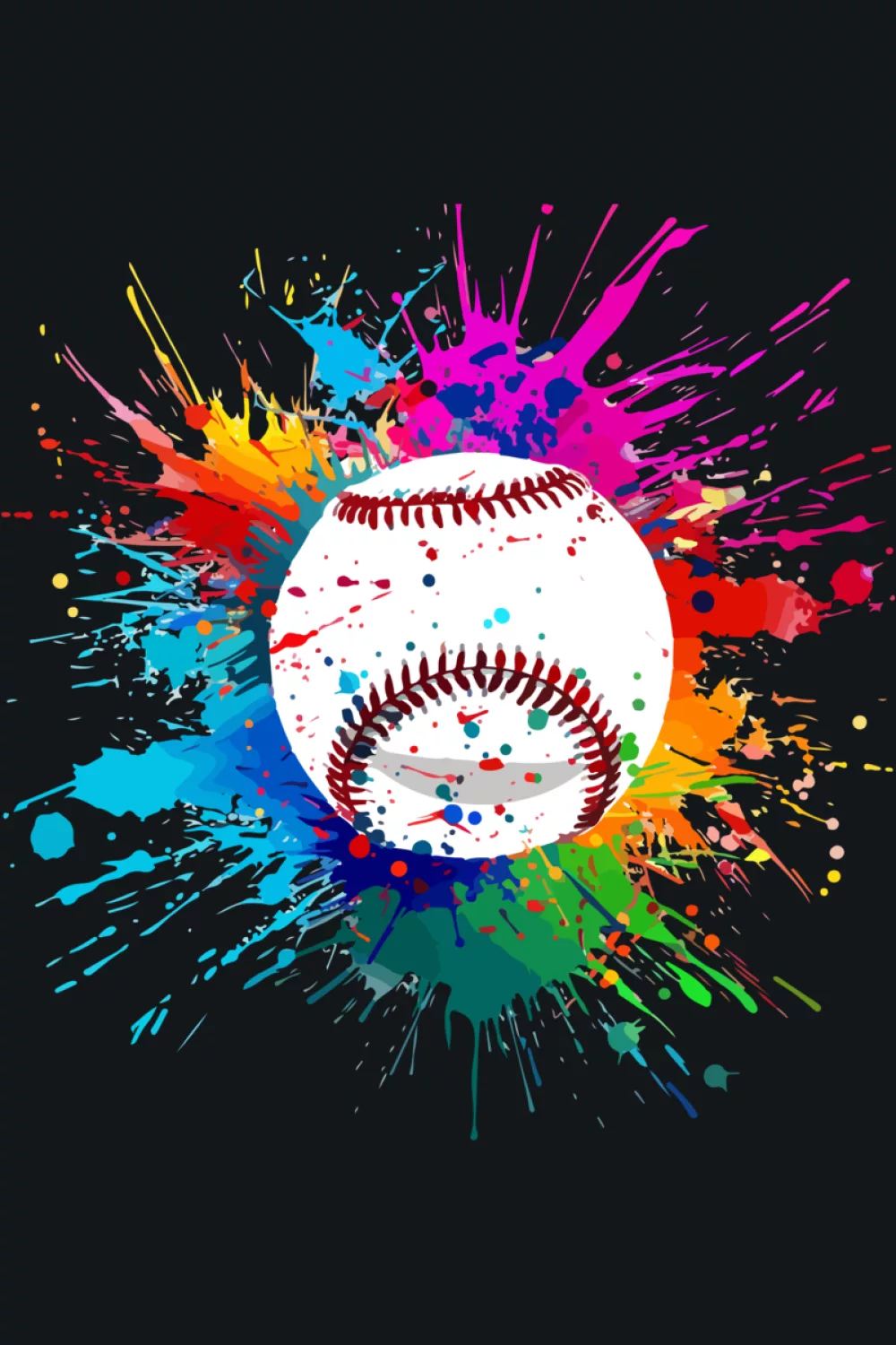 Bright colorful baseball lover splash art graphic with layered paint bursts and motion streaks.