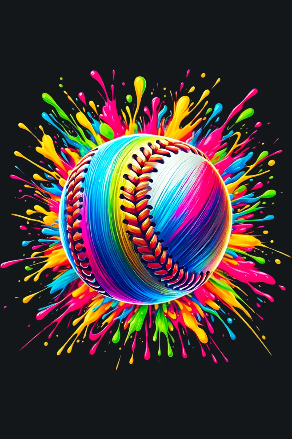 Colorful softball tie dye color splash graphic for softball players and coaches with bold paint bursts.
