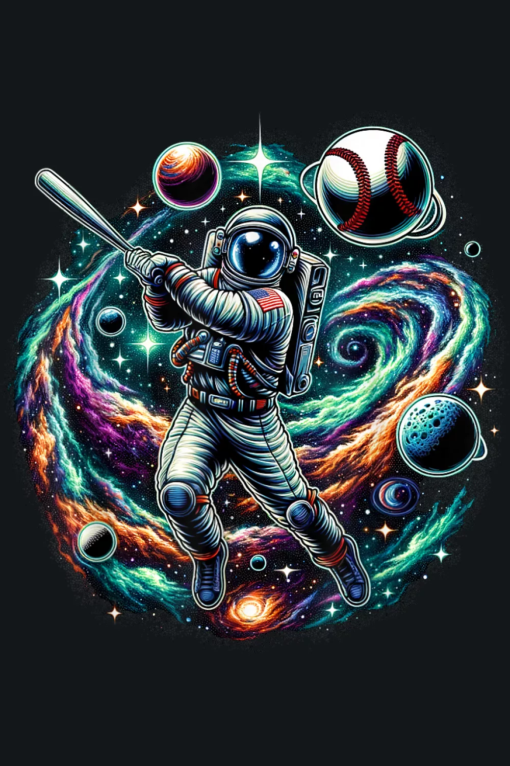 Spiral galaxy burst behind a batter who looks ready to crush the pitch