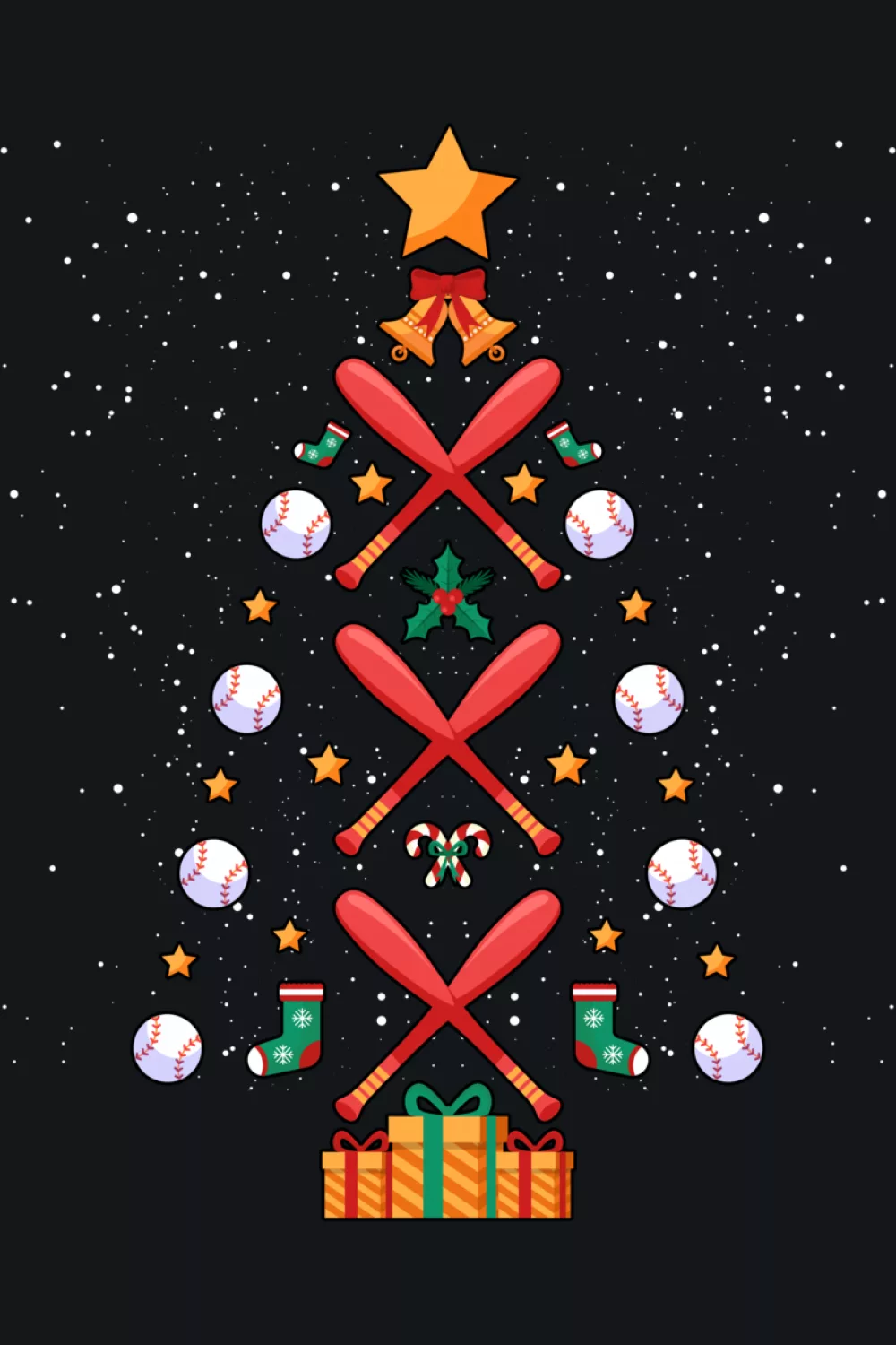 Cute player stands beside a slim baseball tree with soft snow falling behind.
