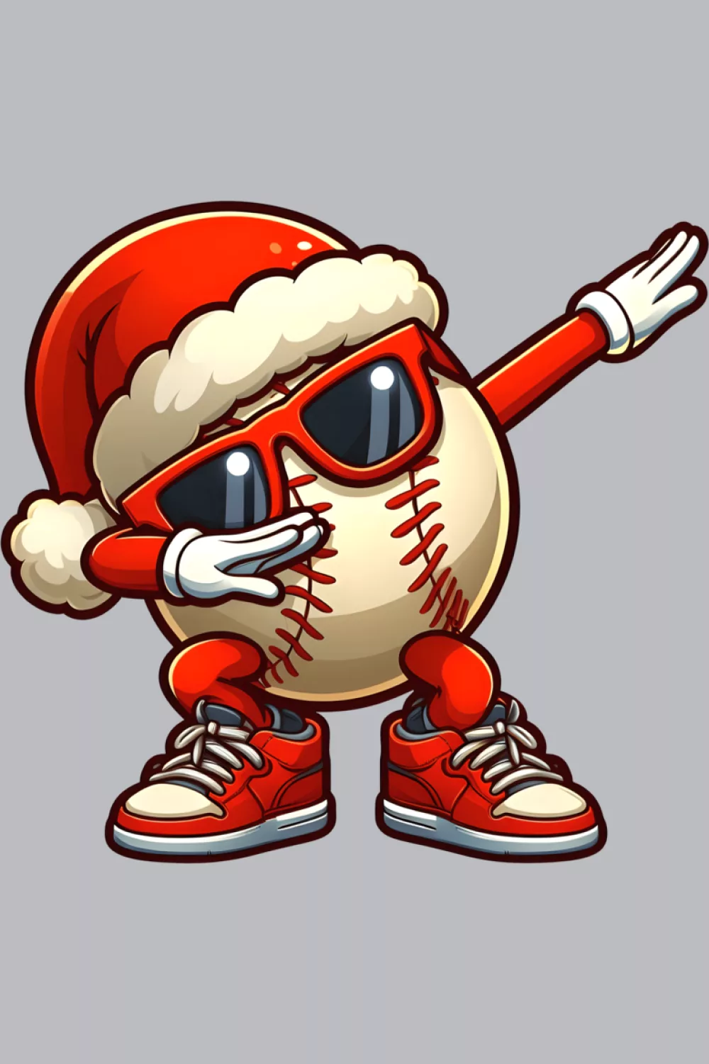 Cute baseball mascot with sunglasses and Santa hat mid dab