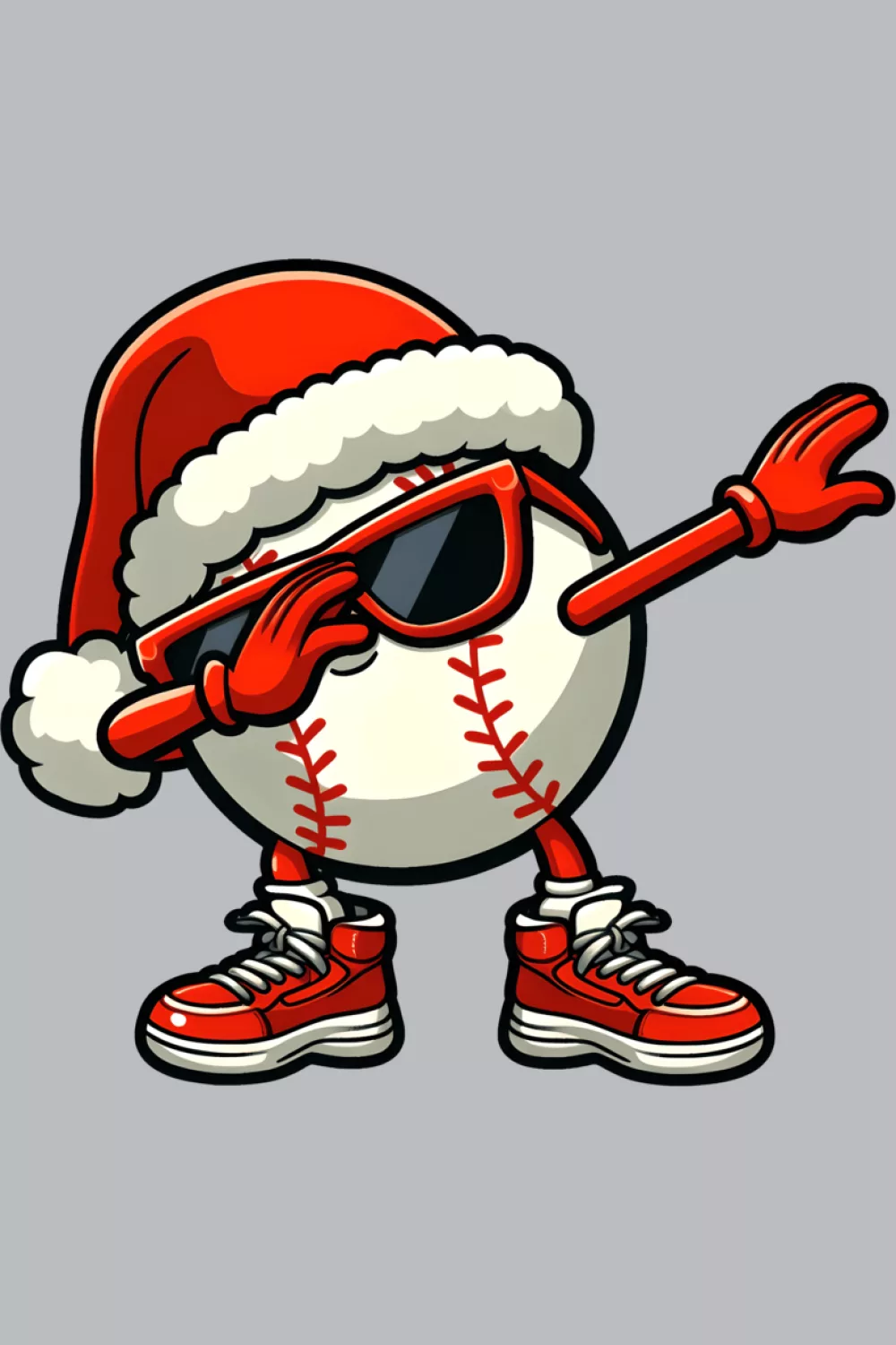 Small baseball mascot in festive outfit dabbing beside stars and snow