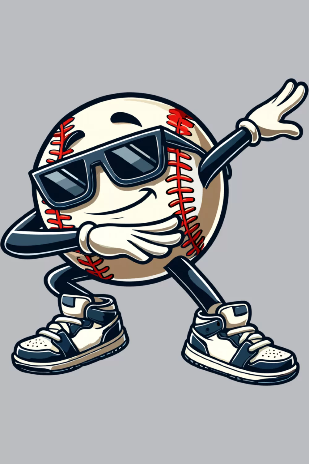 Round baseball mascot with sneakers leaning into a wide dab pose