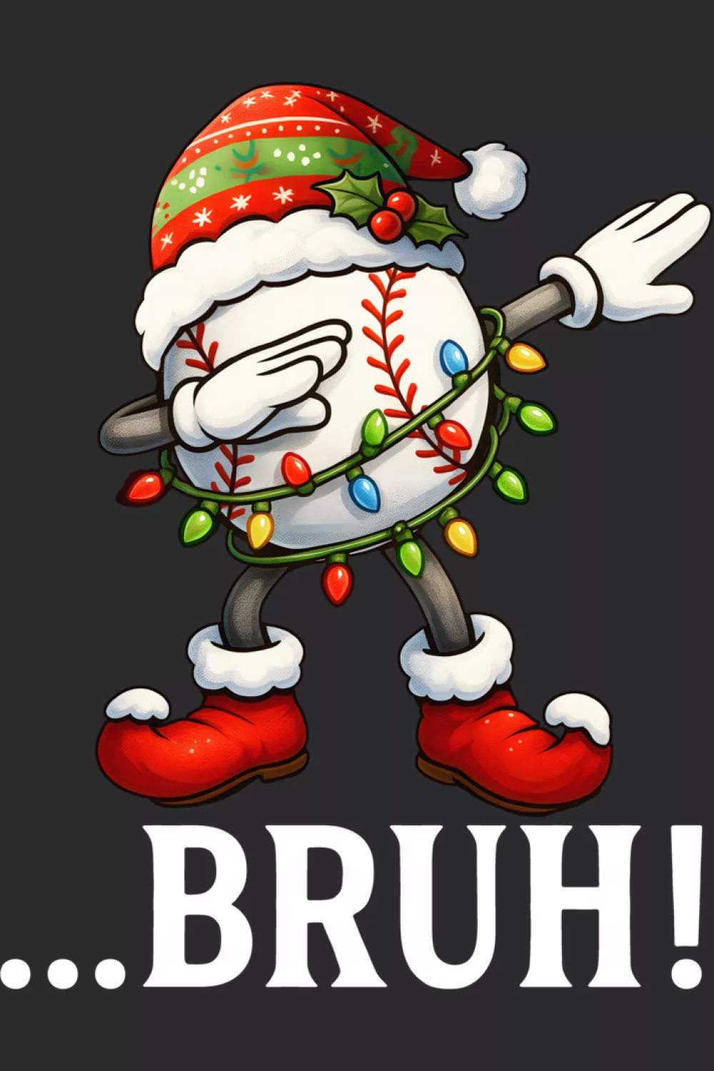Baseball character in Santa outfit with bruh text under a dab pose