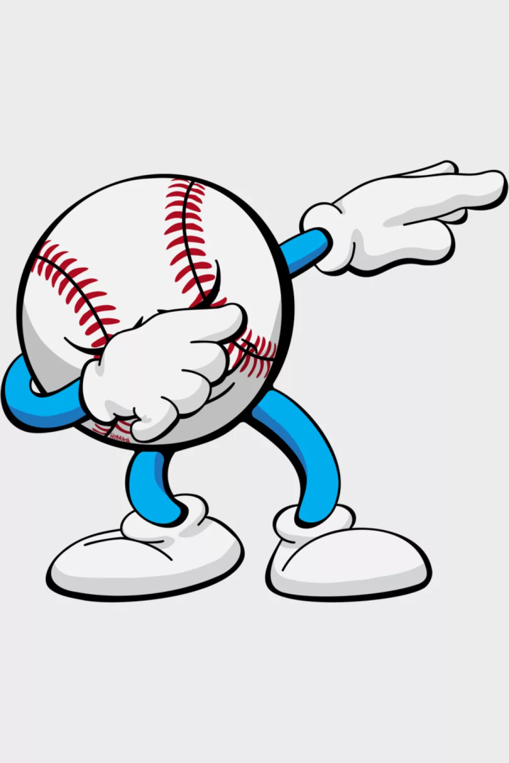 Funny cartoon baseball mascot dabbing for both baseball and softball fans