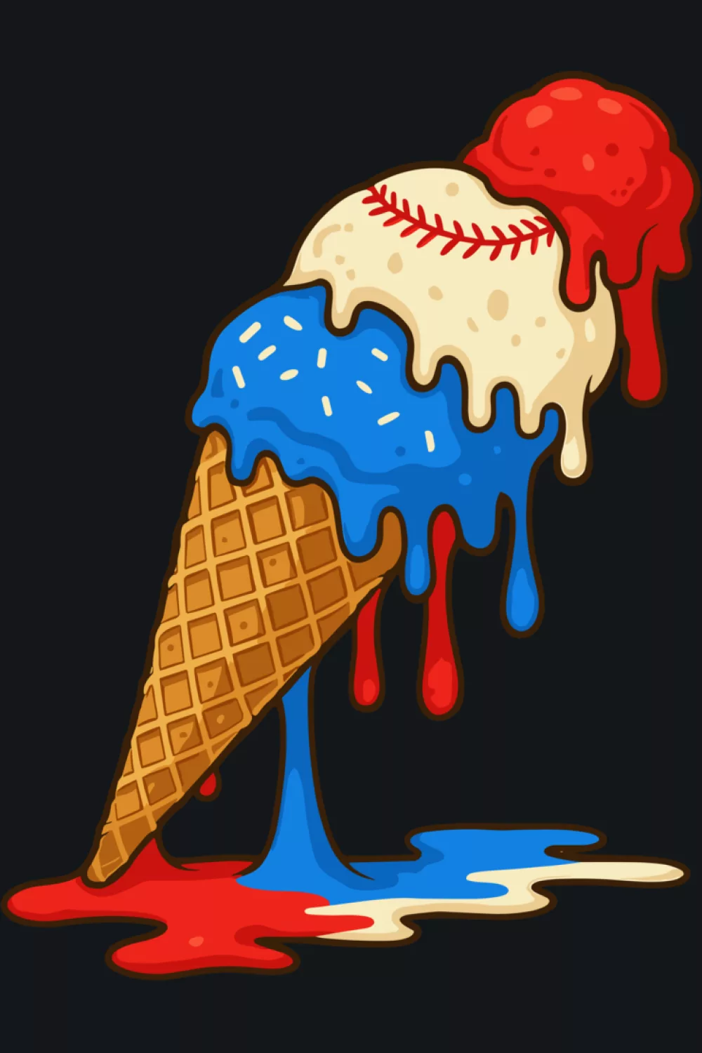 dripping baseball bat ice cream cone in red white and blue for july baseball weekends