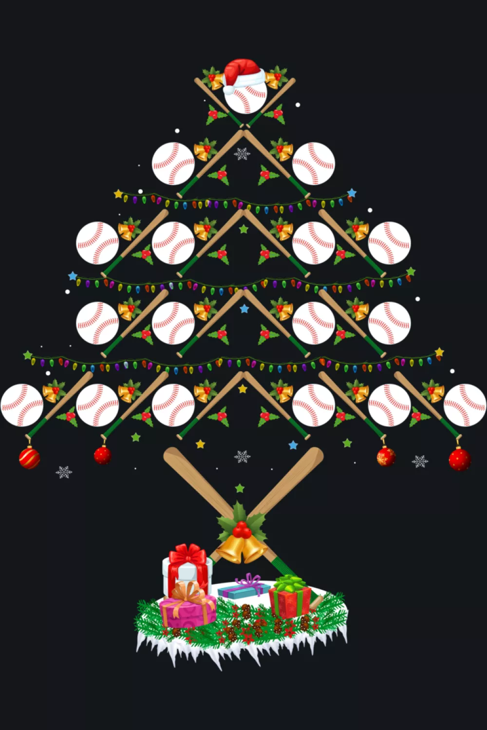 Cozy family pajama scene where the tree is built from stacked balls and warm colors.
