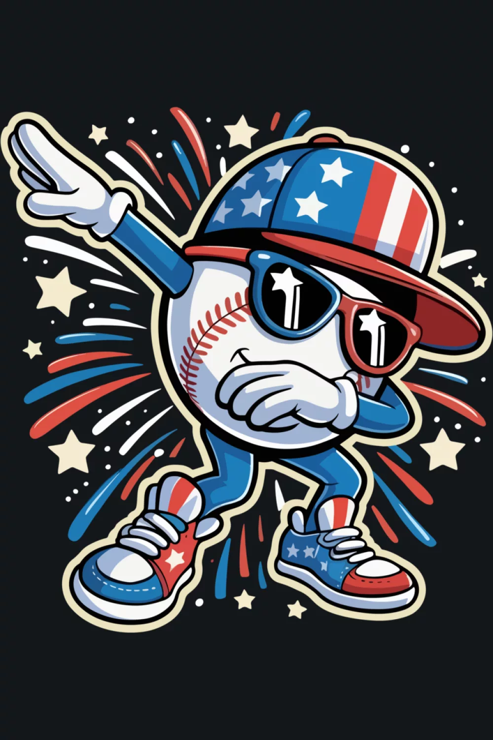 Baseball mascot dabbing in front of an American flag backdrop