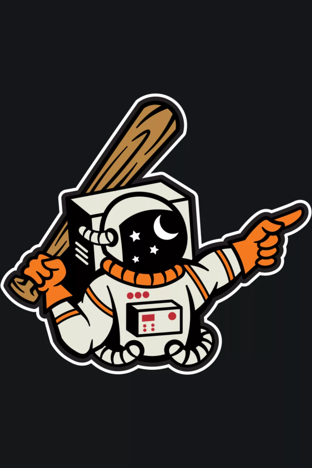 Funny astronaut baseball graphic with playful expression and space sports mood.