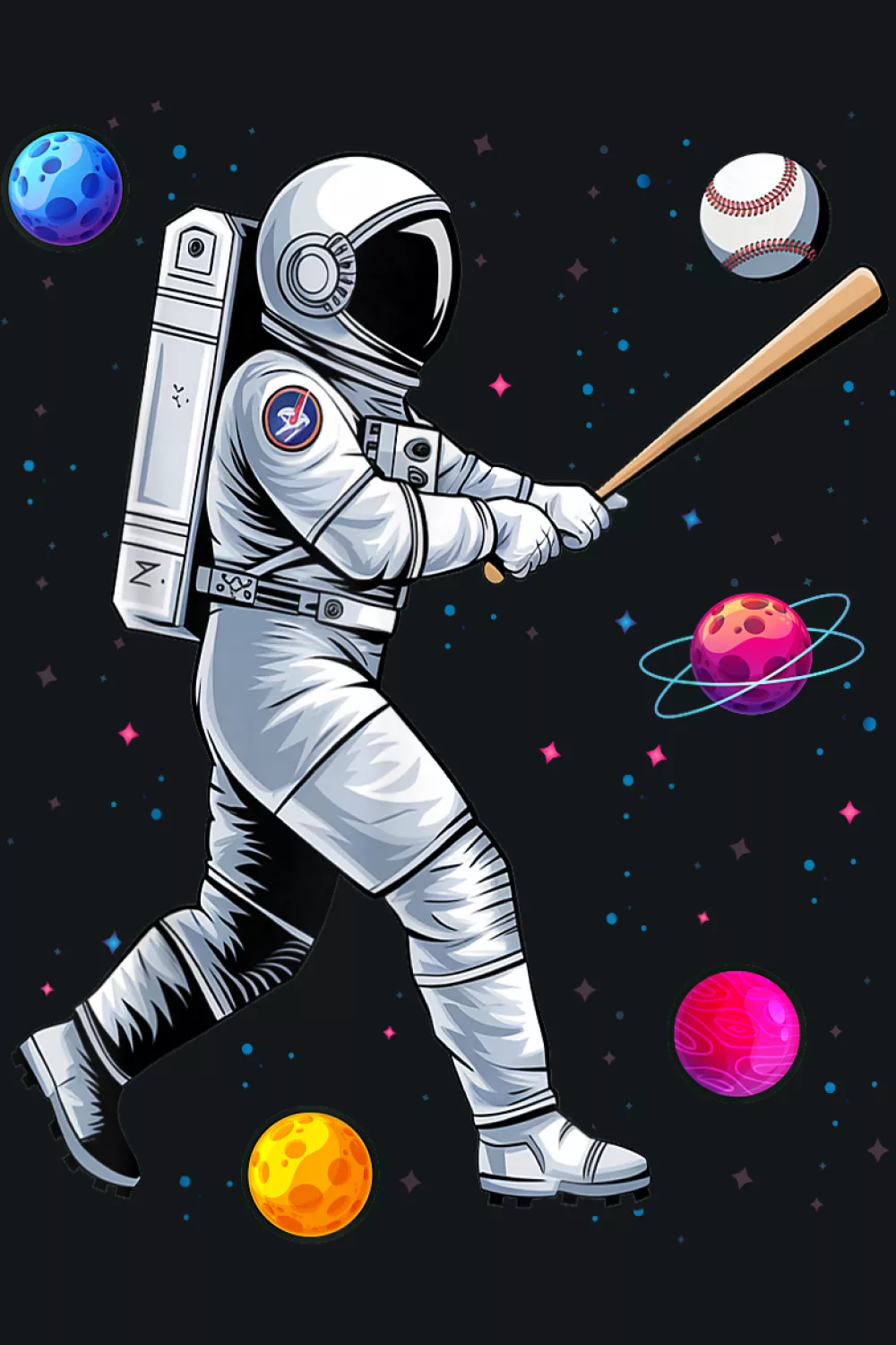 Another funny astronaut baseball theme with cartoon style and cheerful space sports vibe.