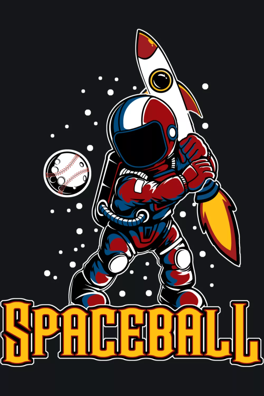 Funny astronaut playing rocket spaceball baseball softball theme with energetic cartoon action.