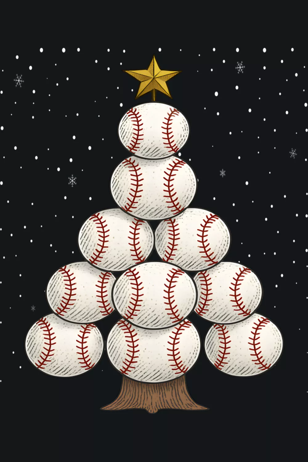 Compact baseball tree with smiling faces and tiny stars.