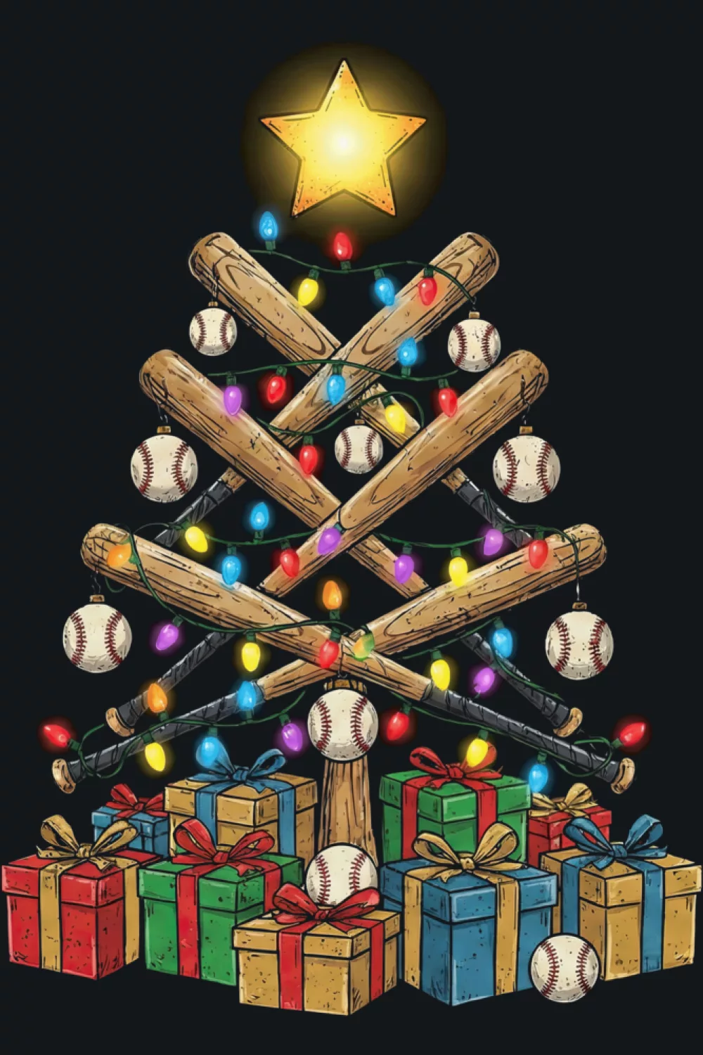 Graphic baseball tree built from bats, balls and gloves in sharp lines.