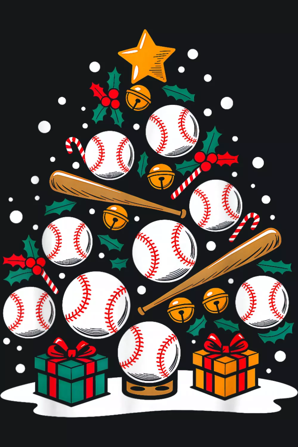 Sparkling baseball tree covered in lights with a friendly face near the star.