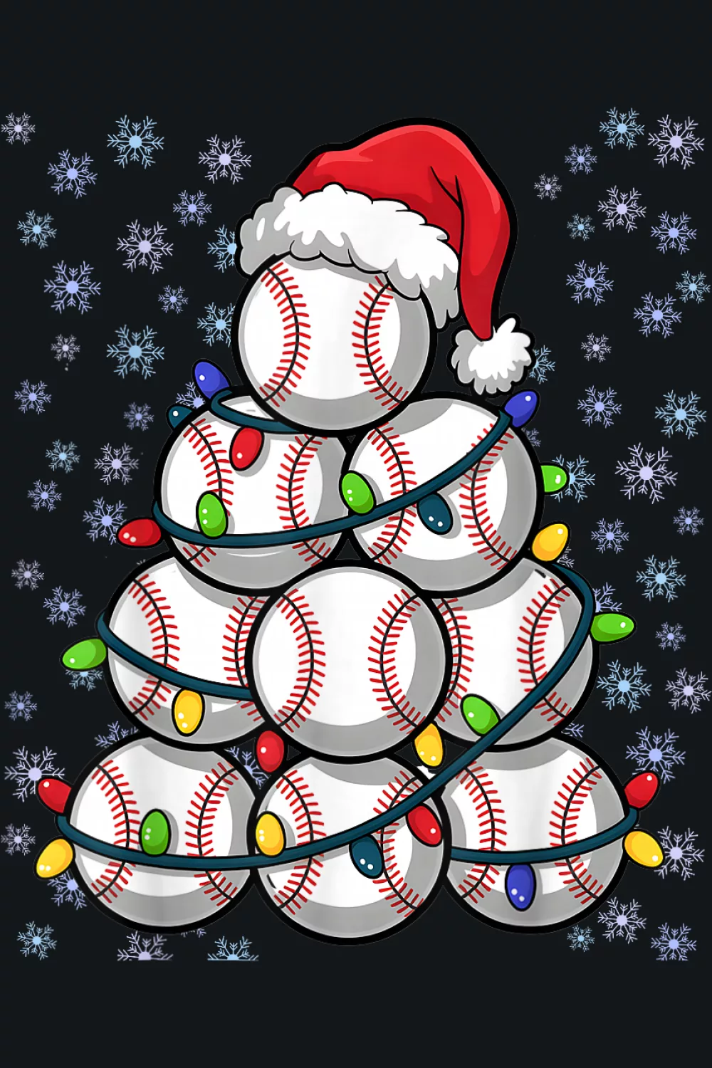 Baseball tree with Santa hat and lights