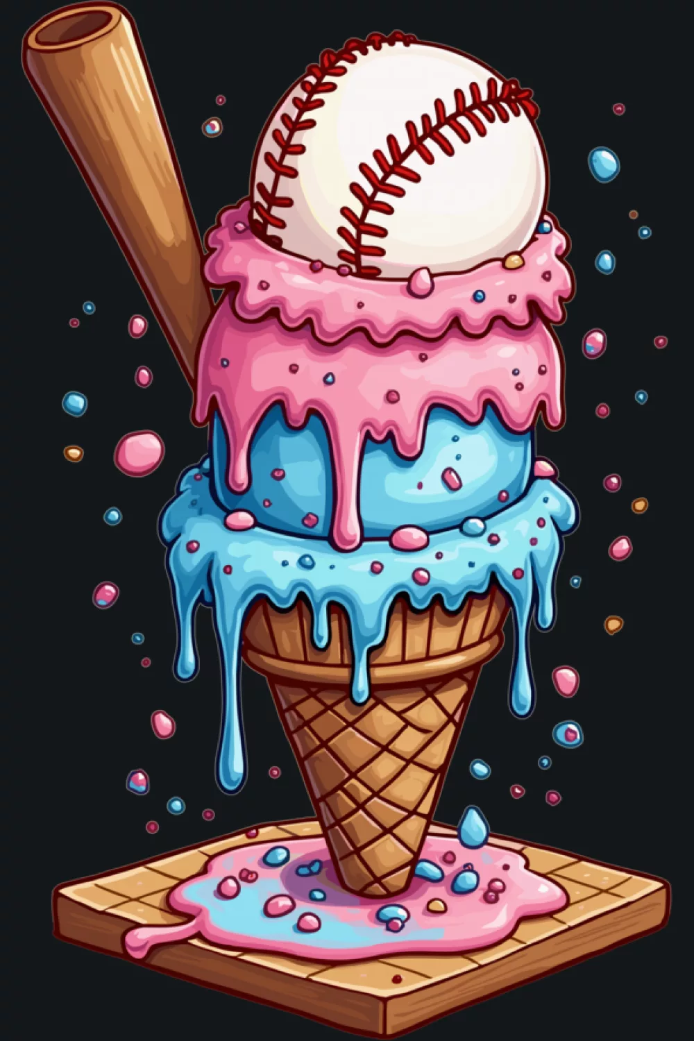 funny baseball ice cream drip cone with bold colors and playful summer energy