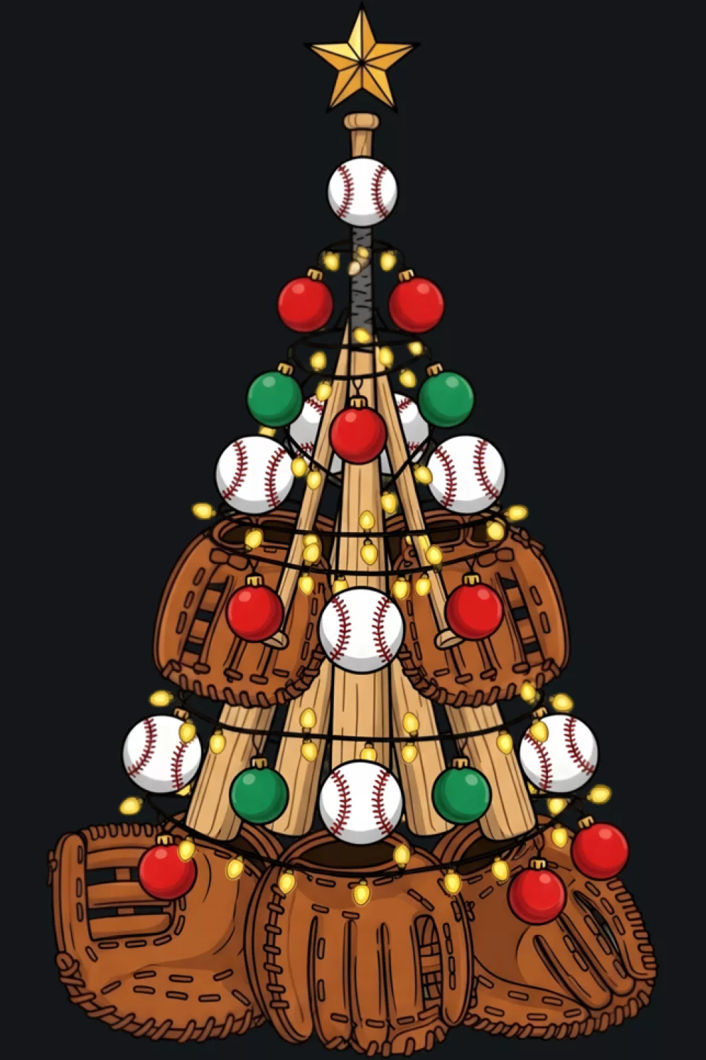 Tree decorated with silhouettes of catcher, pitcher and batter around the branches.
