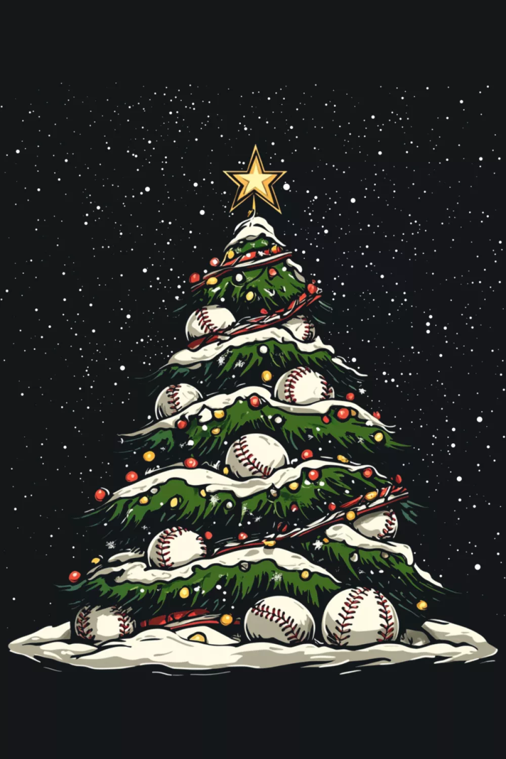Deliberately busy baseball tree that leans into ugly sweater humor.