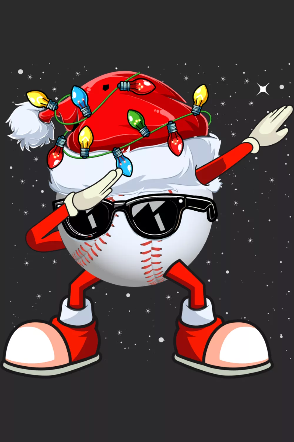 Baseball mascot in Santa hat doing a dab with cozy pajama style pose