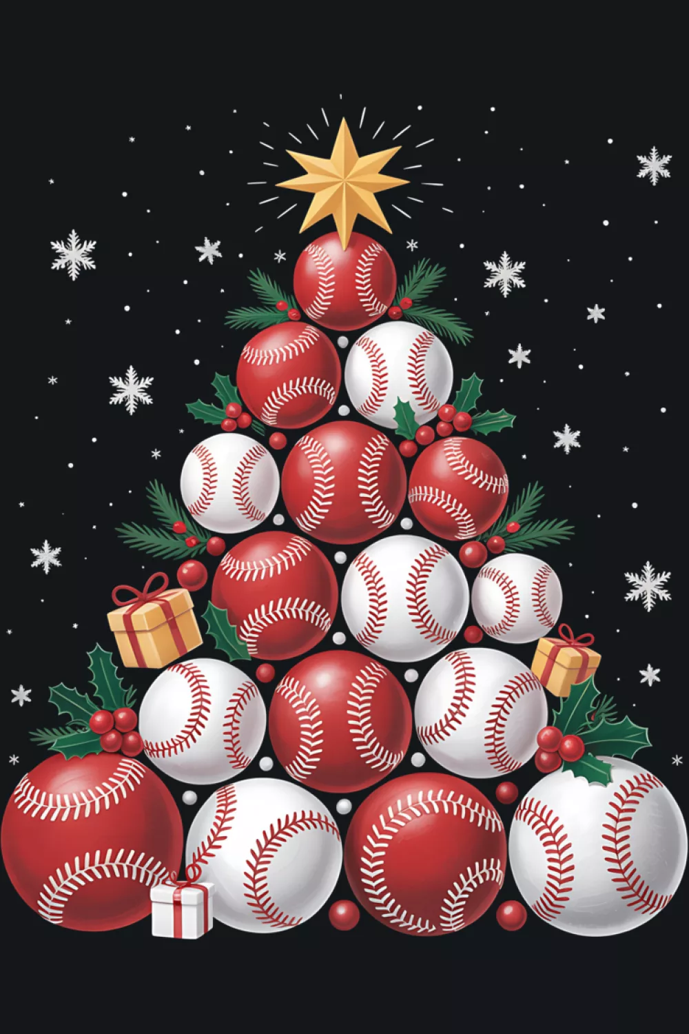 Santa themed tree with bats and balls wrapped in glowing garland.