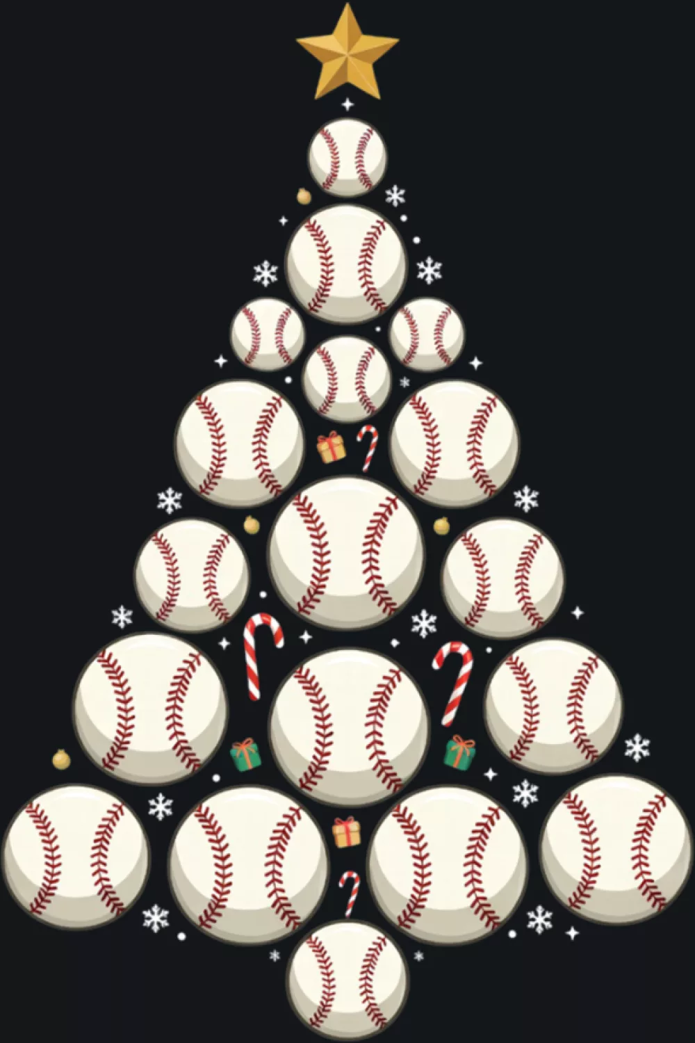 Classic triangular baseball tree with bright ornaments and a snowy ground.