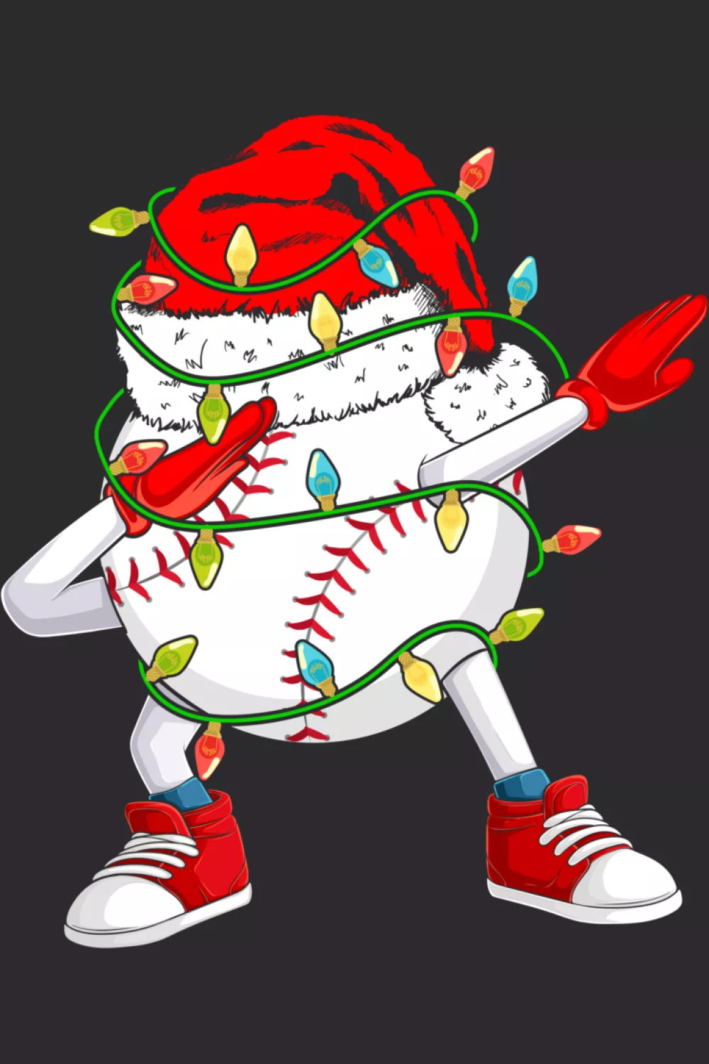 Baseball character in Santa hat surrounded by twinkling lights and gifts