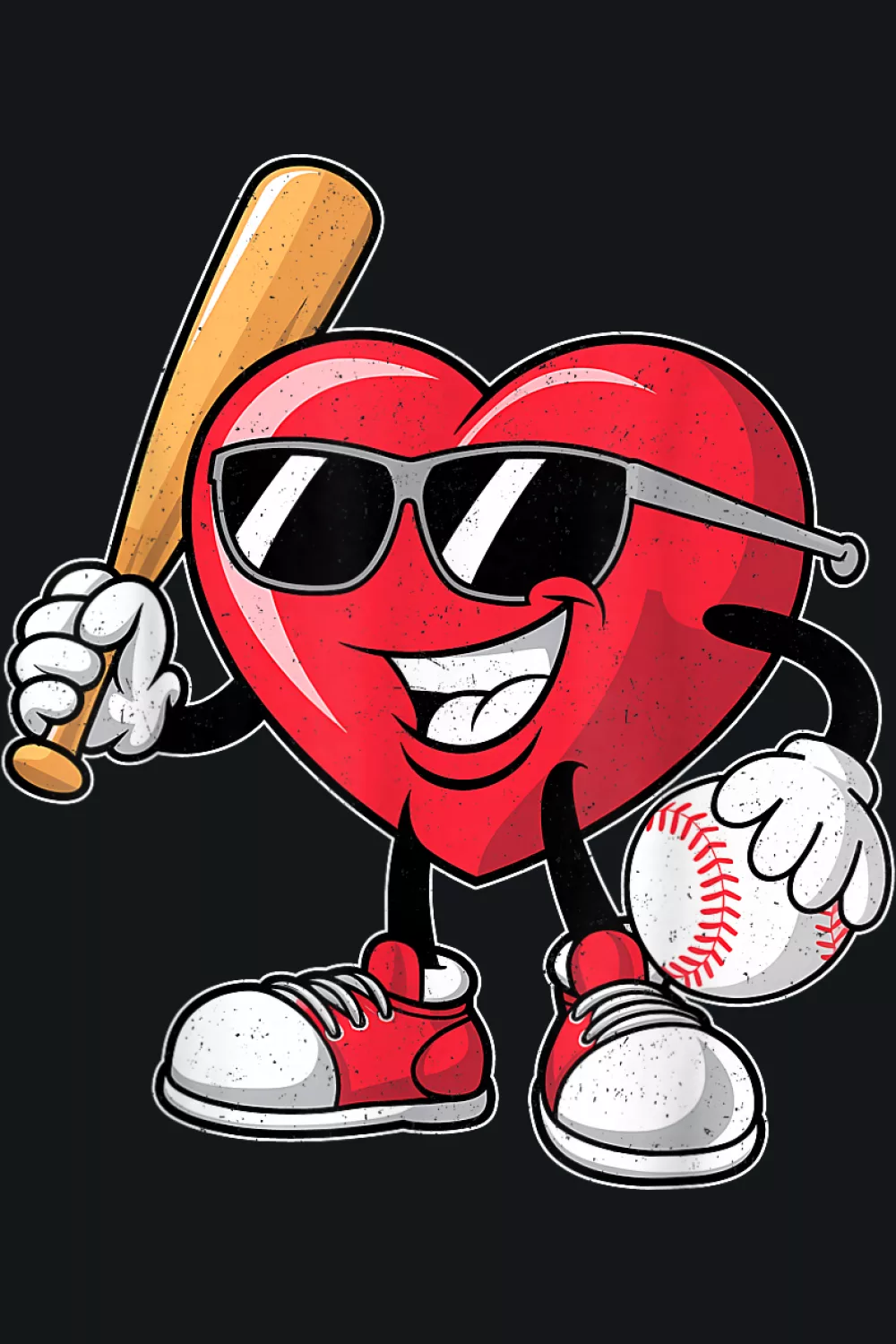 Funny heart playing baseball character with bat, cute Valentines Day theme for kids.