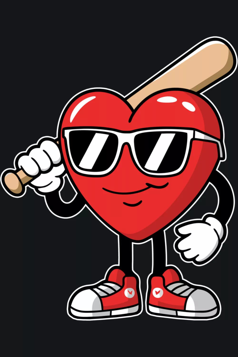 Heart playing baseball variation with fun sporty pose, Valentines theme for boys and girls.